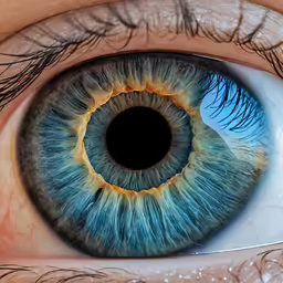 an open eye with brown lashes and an blue iris