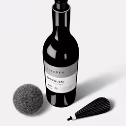 there is a bottle of wine next to some brushes