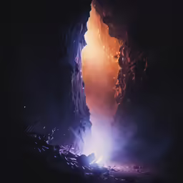 a cave with a bright light coming from it