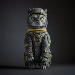 cat in a costume is standing and looking at the camera