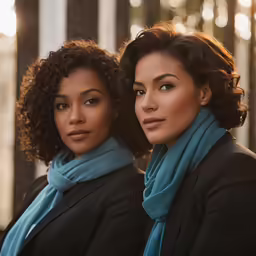 two woman with black hair and blue scarves
