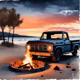 the truck is sitting by the fire on the sand,a truck parked on top of a beach next to a fire pit