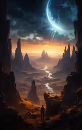 a man looks at an alien landscape