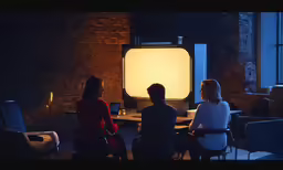three women in a darkened room with a big light