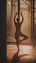 naked girl standing on yoga mat, surrounded by woods