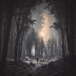 a man walking through a forest covered in snow