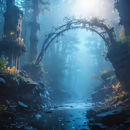 a river is flowing through the forest under light