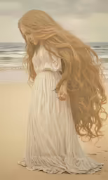 a woman with long, flowing hair walking down the beach