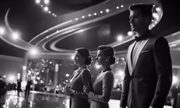 two women and a man in formal wear looking away