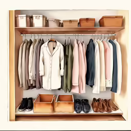 some shoes, bags and bags are hanging on a clothes rack