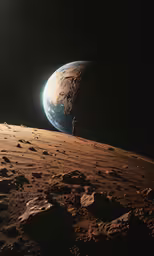 the earth and moon seen from the surface of the desert