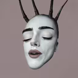 a woman with black horns wearing a mask