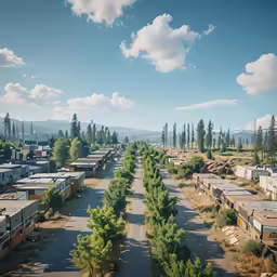 an aerial shot of a town surrounded by pines