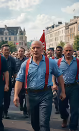 men walking in a procession down the street with one man holding onto an american flag