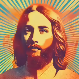 jesus with sunburst background and blue circles