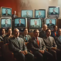 many men are seated in chairs and watching televisions