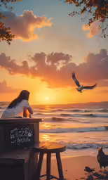a lady watching a seagull fly in the background as they sit on the beach