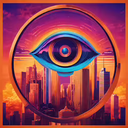 an eye with some lights shining over the city,an image of the city with a futuristic eye in it