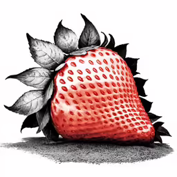a large strawberry has a leafy stem on the side