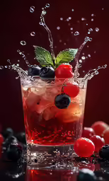 a glass with a drink with cherries and ice