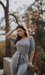 a woman is posing for a photo in grey