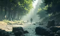 a couple walks down a path through the woods