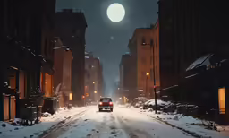 car driving down city street at night in the snow