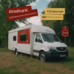 a bus is parked with a red stripe across the back and yellow stripe above the trailer