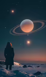 woman standing on snowy ground in front of saturn