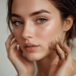 an attractive young woman with blue eyes holds up hair
