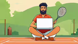 a man sitting on a tennis court with a laptop,a man sitting on a tennis court holding a laptop