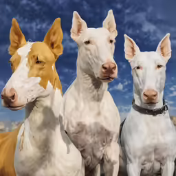 a group of three dogs on display in front of a sky