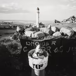 an abandoned water pump with a light house in the background