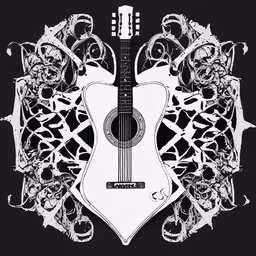 an old guitar on a black background,an acoustic guitar with intricate designs in the background