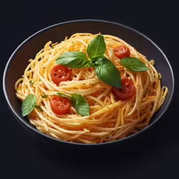 pasta with basil and tomatoes in a black bowl