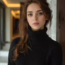 a woman in a black sweater looks over her shoulder