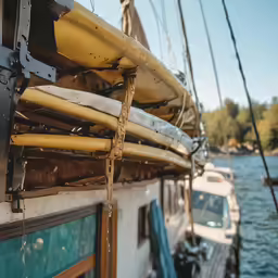yellow kayaks on the top of a sailboat in the water