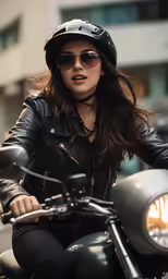 a woman wearing a black helmet and leather jacket