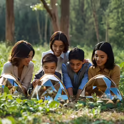 the family is taking a moment to look at something in their garden