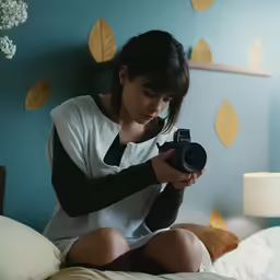 a woman kneeling on a bed while holding an old fashioned camera
