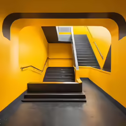 an empty yellow building with stairs leading up to it