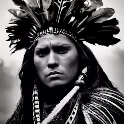 black and white photo of indian american woman with feathers in headdress