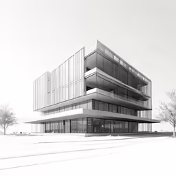 the building with large glass windows and trees