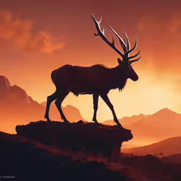 a silhouette of a big horned animal on a hillside,a silhouette of an animal with antlers on a rock