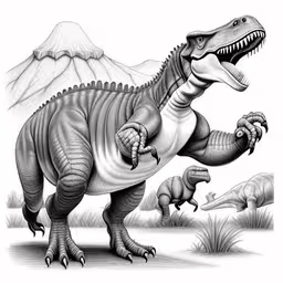 the dinosaur is pulling out of the ground by its teeth,a drawing of two dinosaurs in the background,a dinosaur and its baby walking in the grass,an adult dinosaurs with its mouth open next to a small dinosaur,a drawing of an adult dinosaur attacking a small child