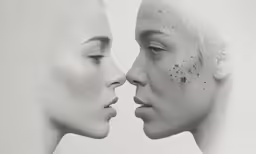a couple is face to face with the same image of their heads