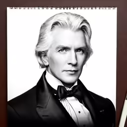 a drawing of a man in a tuxedo and bow tie with a pen next to him