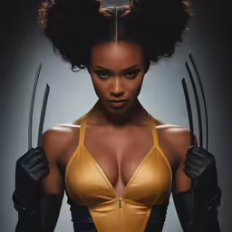 a black woman in leather clothes holds two scissors