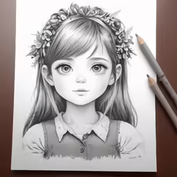 a drawing of a girl with flowers in her hair