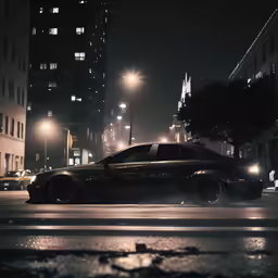 the black car is driving down the dark street